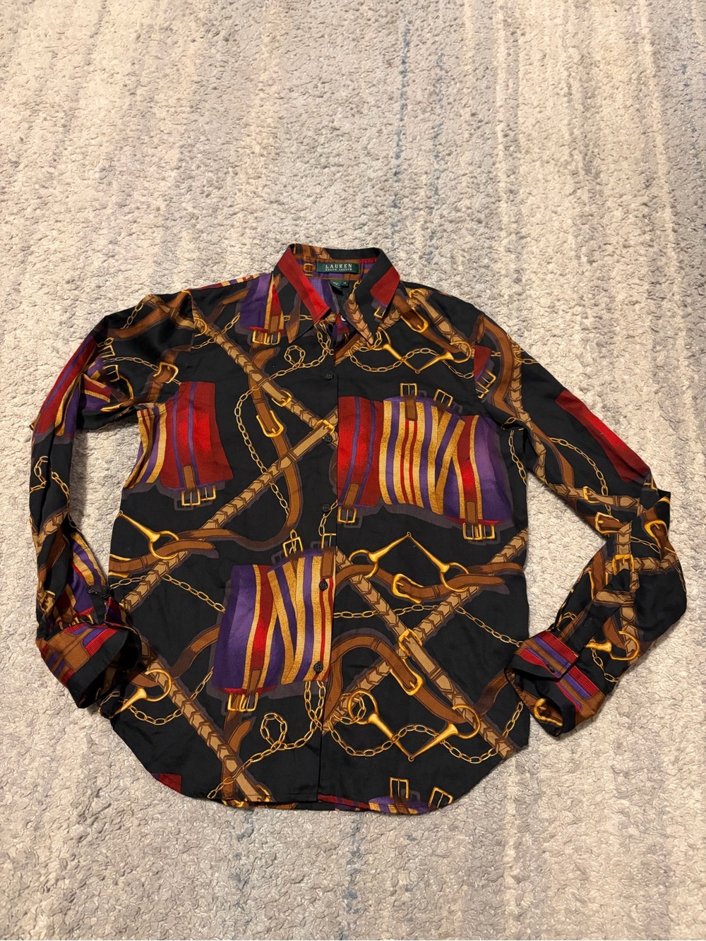 Lauren Ralph Lauren Equestrian Print Button Up Shirt Womens XS Chain Belt Strap